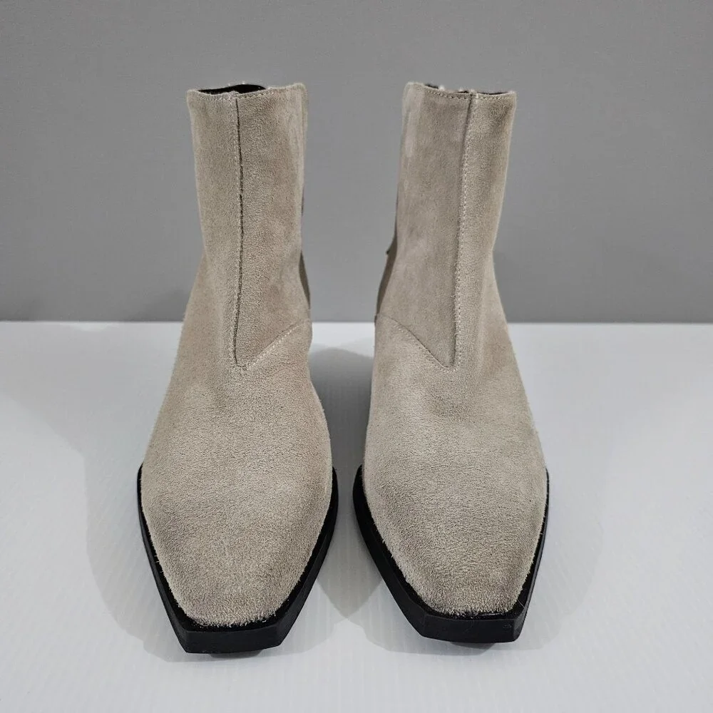 All Saints Lenora Goring Ankle Boot Women 7 Taupe Gray Suede Zip Up Low Heel NEW